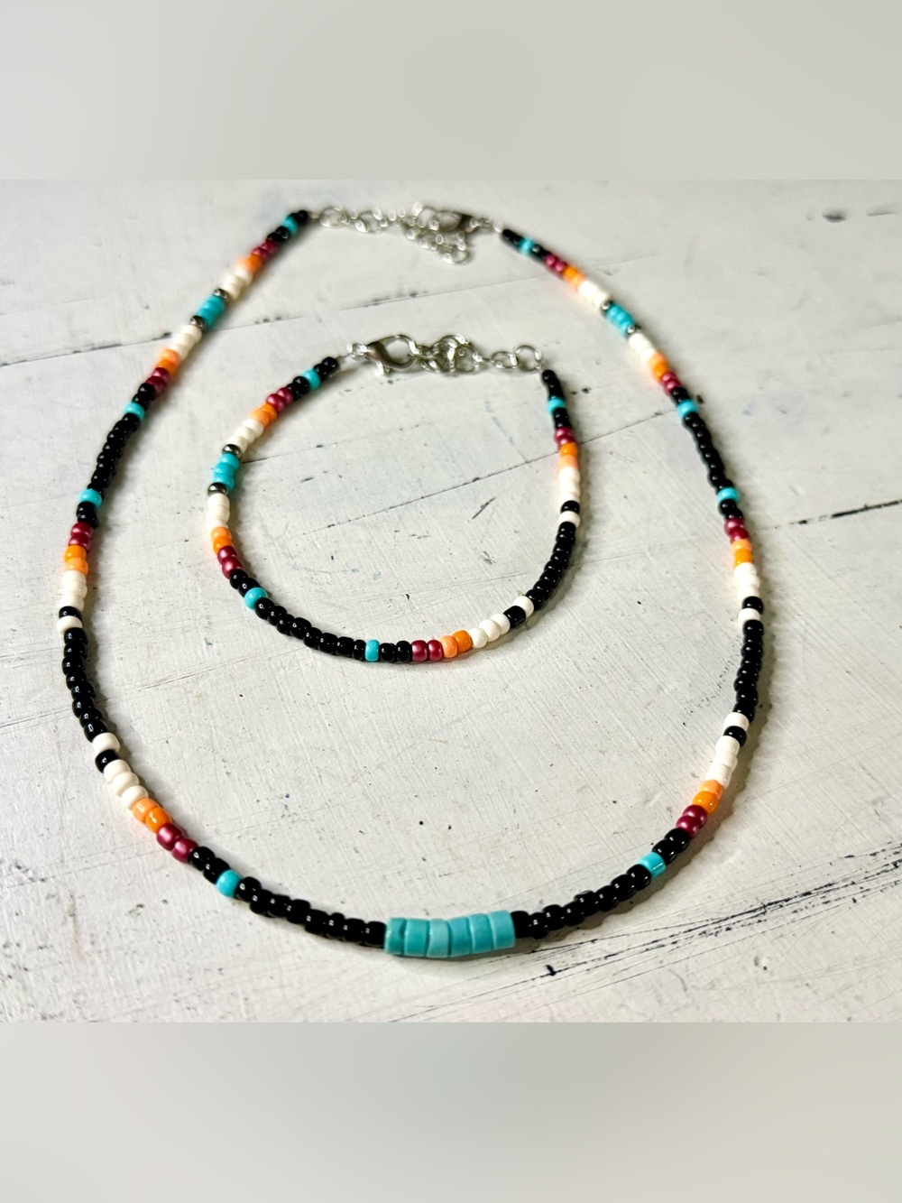 Handmade Multicolor Seed Bead Necklace With Turquoise Bracelet Set
